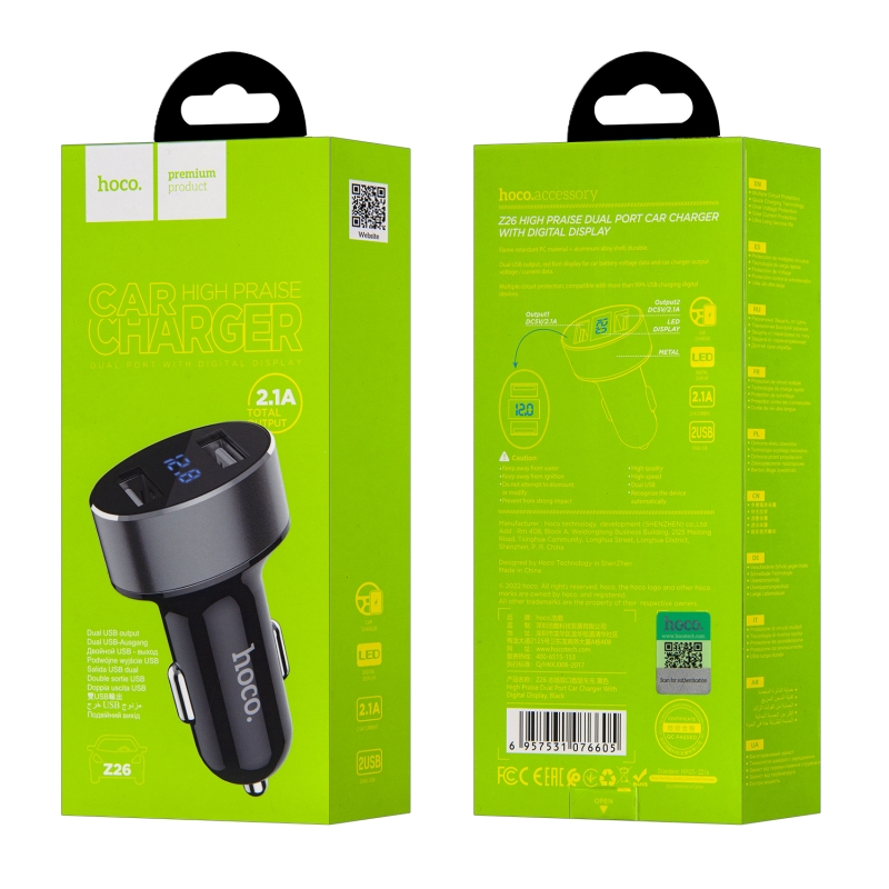Переходник Z26 АЗУ на 2 USB 2.1A HOCO черный Переходник Z26 АЗУ на 2 USB 2.1A HOCO черный