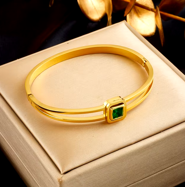 Браслеты DIEYURO из нержавеющей стали 316L с геометрическими линиями и зеленым цирконием, браслеты для женщин Браслеты DIEYURO из нержавеющей стали 316L с геометрическими линиями и зеленым цирконием, браслеты для женщин