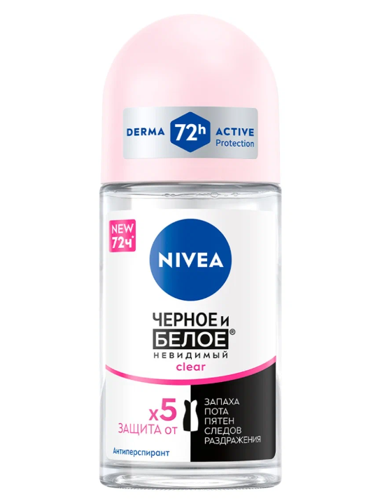 Дезодорант-антиперспирант роликовый женский NIVEA Clear Черное и белое Невидимый, 50мл