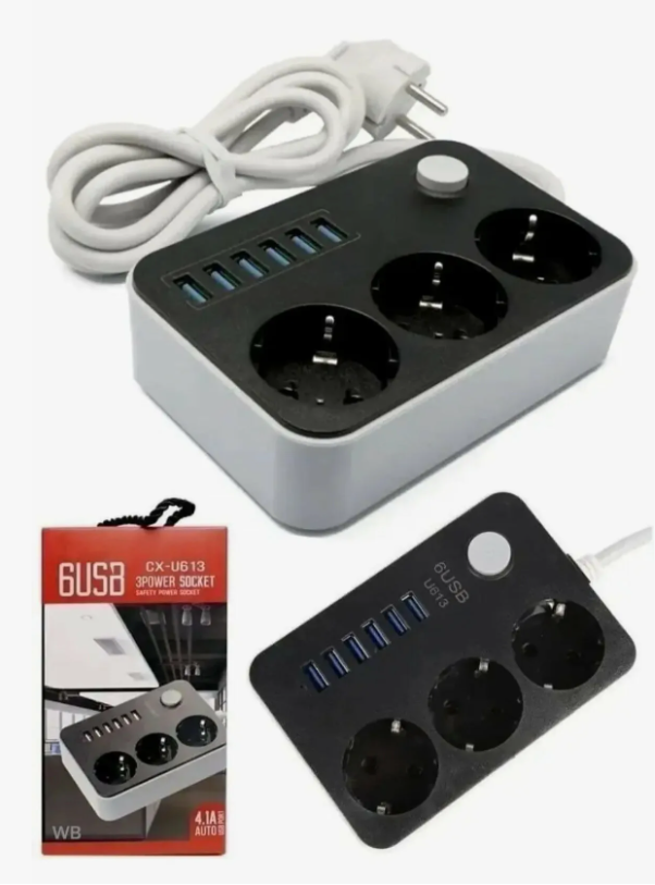 Сетевой фильтр CX-U613, 1,8 м, 3 гнезда+6 USB гнезда