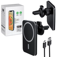 Беспроводная зарядка 15W + Автомобильный держатель магнитный черный