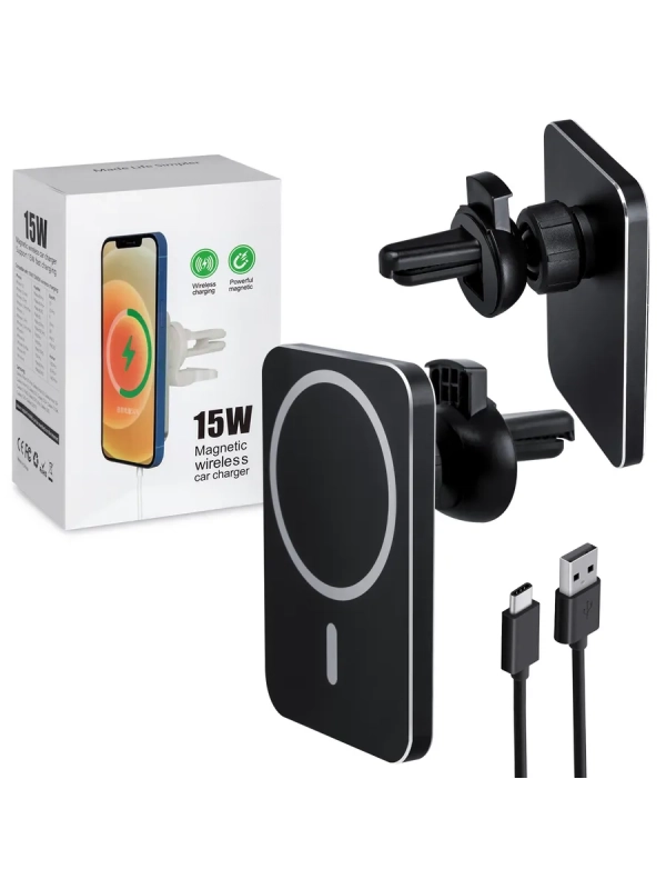 Беспроводная зарядка 15W + Автомобильный держатель магнитный черный Беспроводная зарядка 15W + Автомобильный держатель магнитный черный