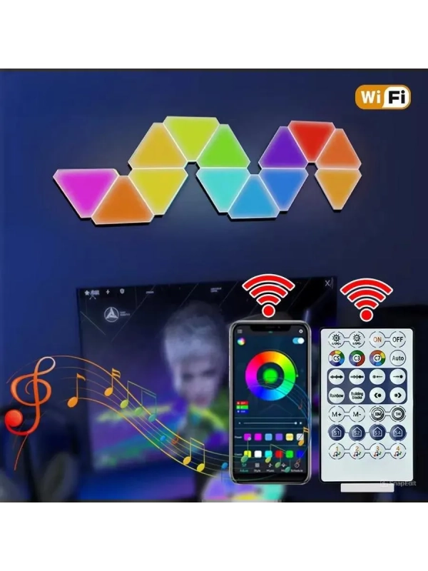 Светодиодный светильник RGB Треугольники 12 шт с пультом управления и Wi-Fi Светодиодный светильник RGB Треугольники 12 шт с пультом управления и Wi-Fi