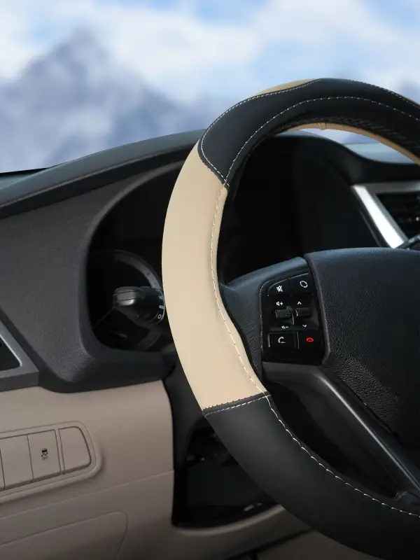 Оплетка на руль, искусственная замша/кожа, песочная/черная, 38 см