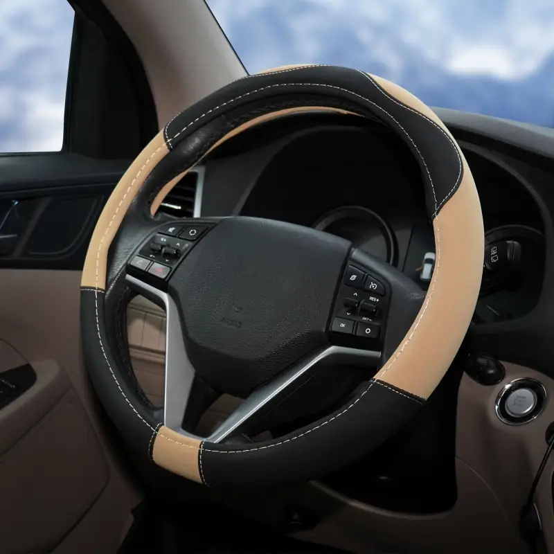 Оплетка на руль, искусственная замша/кожа, песочная/черная, 38 см