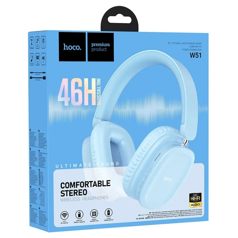 Наушники полноразмерные HOCO W51 голубые Наушники полноразмерные HOCO W51 голубые
