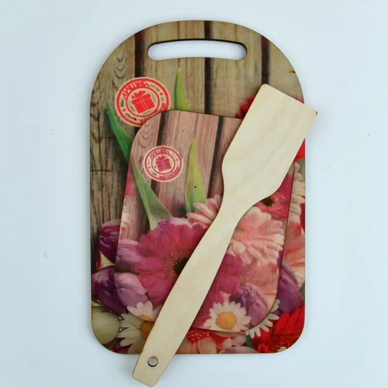 Доска разделочная с подставкой и лопаткой Красочная весна 3 предмета