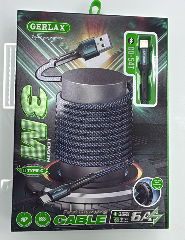 Кабель GERLAX USB Type-C 3 м для зарядки телефона GD-54T