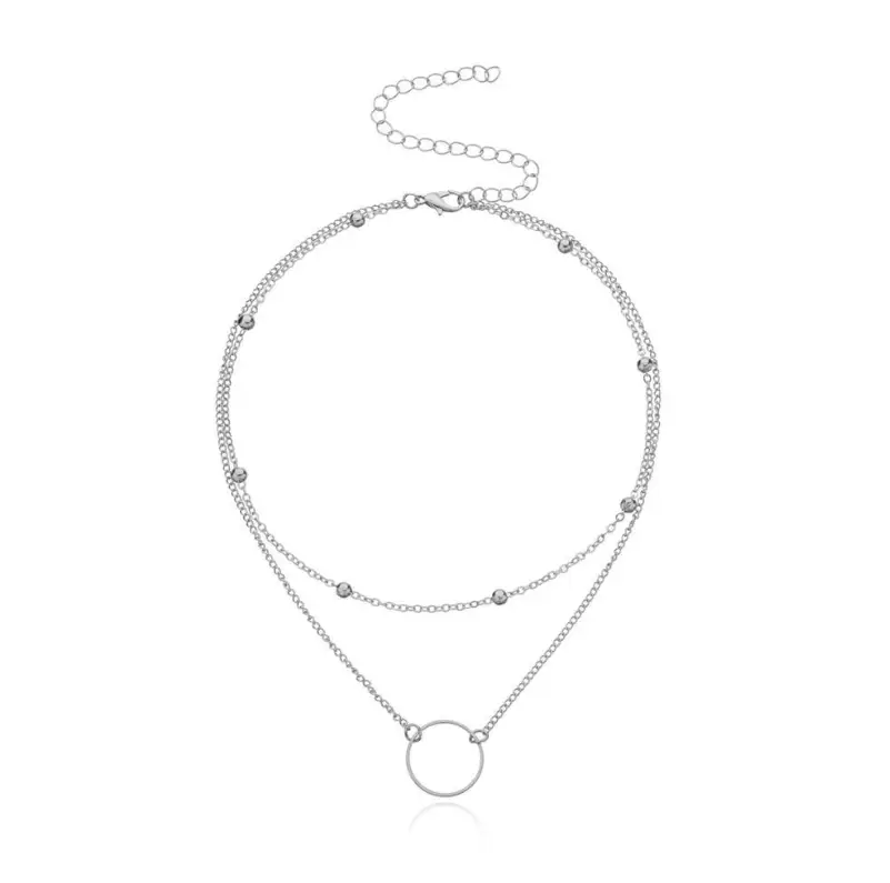 Колье многослойное с кольцом серебристое