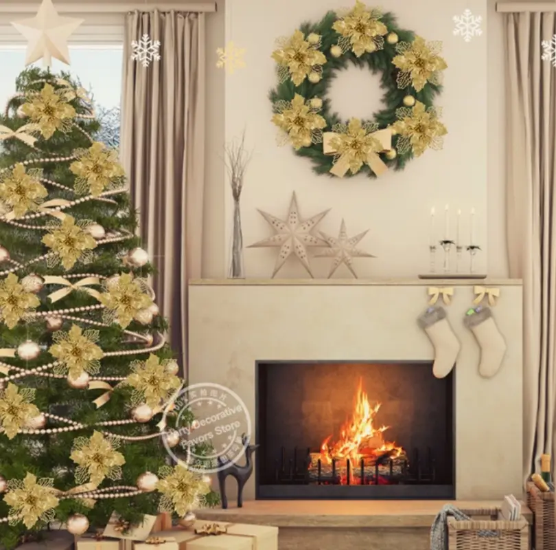 Цветок на елку новогодний Пуансеттия 3 штуки