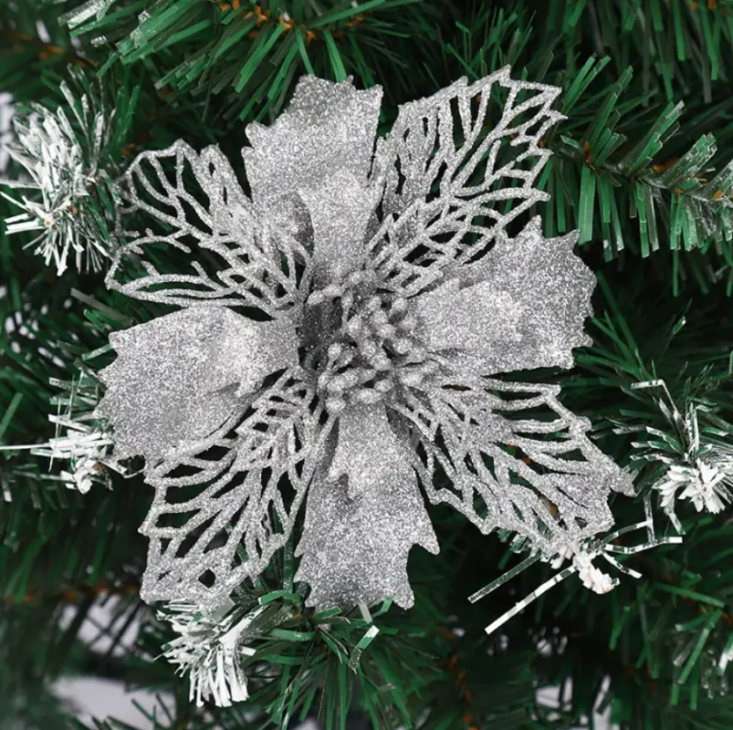 Цветок на елку новогодний Пуансеттия серебристые  3 штуки