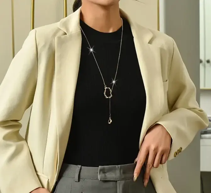 Колье цепочка с подвеской длинное серебристое