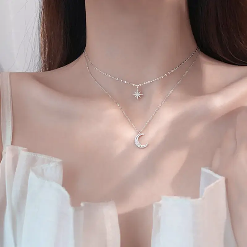 Подвески Звезда и Полумесяц на двух цепочках серебристые