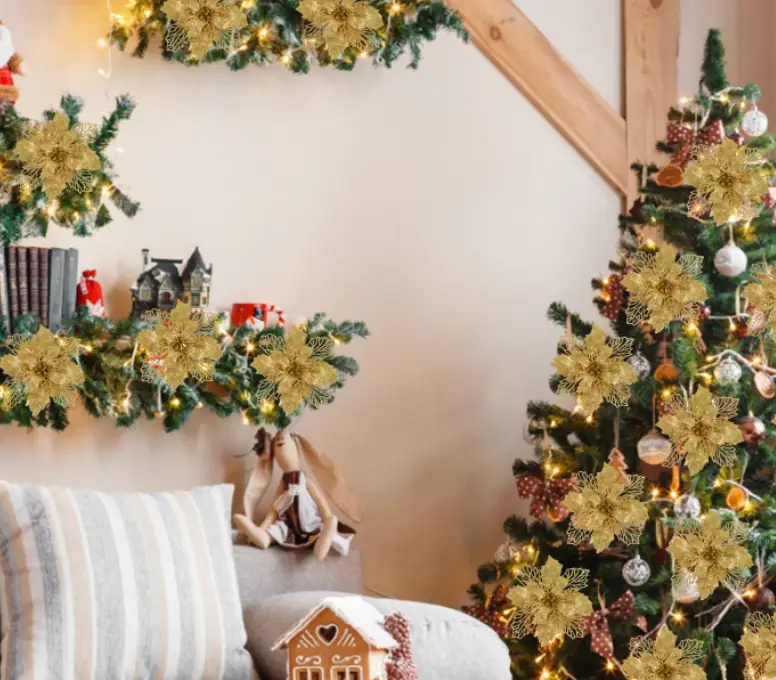 Цветок на елку новогодний Пуансеттия 3 штуки