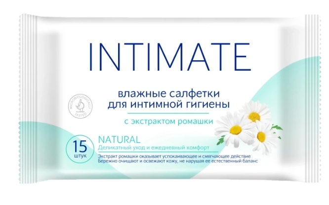 Салфетки влажные для интимной гигиены INTIMATE с экстрактом ромашки, 15шт