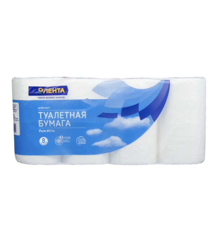 Бумага туалетная ЛЕНТА 3 слоя белая, 8шт