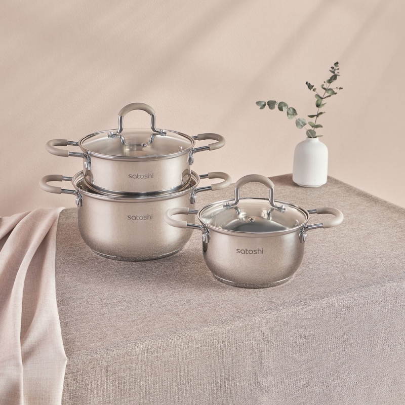 SATOSHI Альбер Набор кастрюль 6 пр.: 1,8л, 2,5л, 3,5л, бежевые силиконовые ручки, со стекл. крышкой