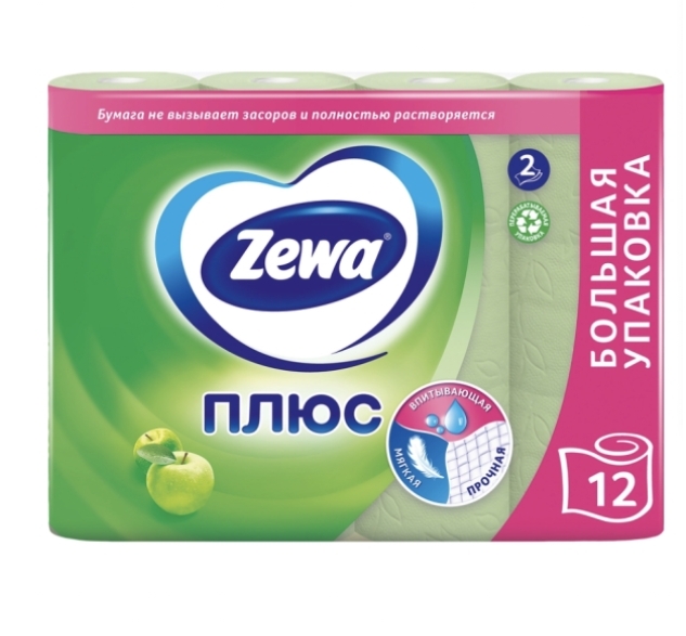 Бумага туалетная ZEWA Plus 2-слоя с ароматом яблока, 12шт