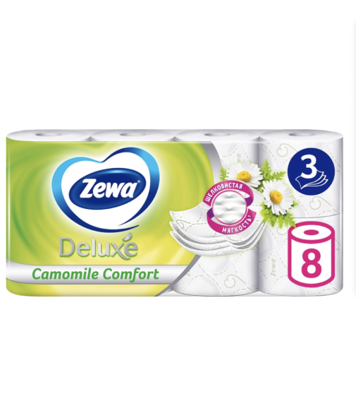 Бумага туалетная ZEWA Deluxe Ромашка 3-слоя, 8шт