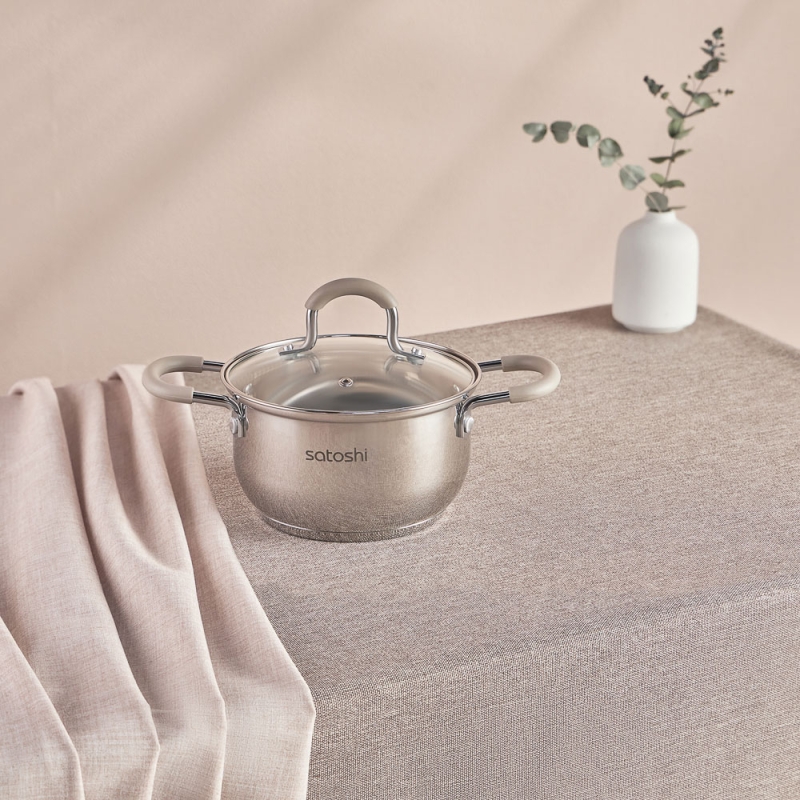 SATOSHI Альбер Набор кастрюль 6 пр.: 1,8л, 2,5л, 3,5л, бежевые силиконовые ручки, со стекл. крышкой