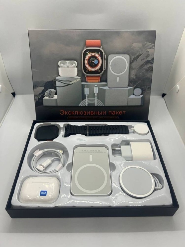 Умные часы в подарочном наборе 6в1 для IPhone и Android Watch 7, Наушники, Powerbank - Картхолдер Эксклюзивный Пакет (черный) Умные часы в подарочном наборе 6в1 для IPhone и Android Watch 7, Наушники, Powerbank - Картхолдер Эксклюзивный Пакет (черный)