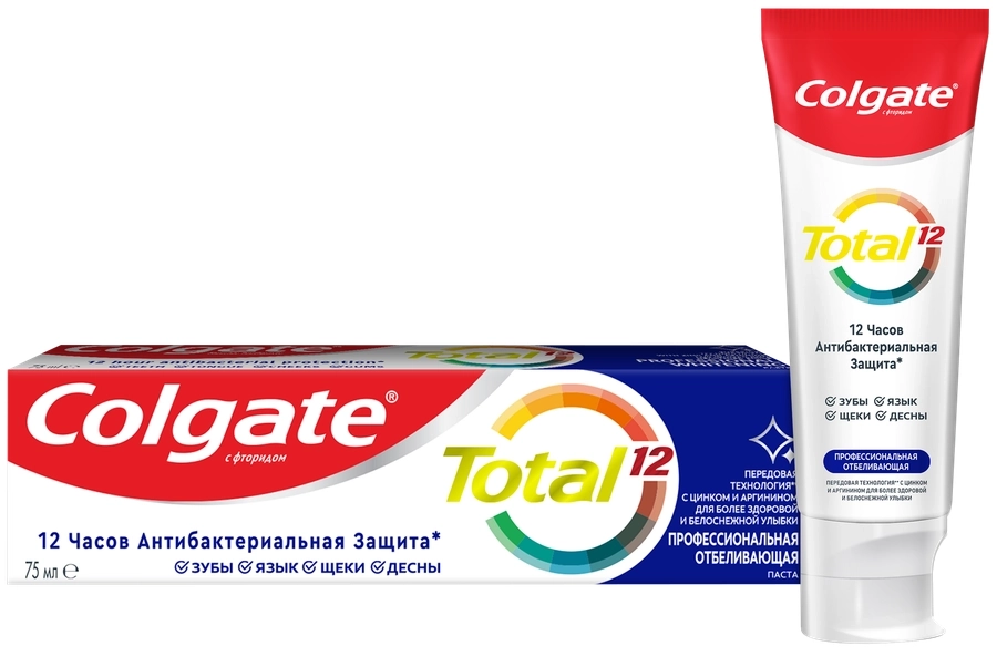 Зубная паста COLGATE Total 12 Профессиональная Отбеливающая с цинком и аргинином для борьбы с потемнениями эмали и с антибактериальной защитой