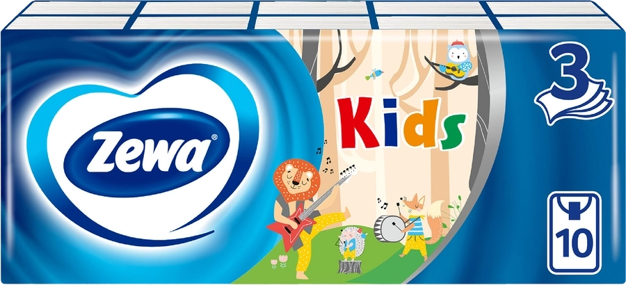 Платочки бумажные детские ZEWA Kids носовые, 3-слоя, 10x10шт