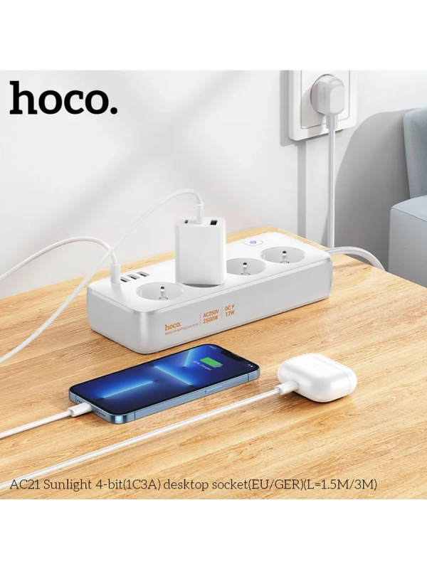 Сетевой фильтр на 4 розеток+3 USB+1 PD, 3м, AC21, HOCO