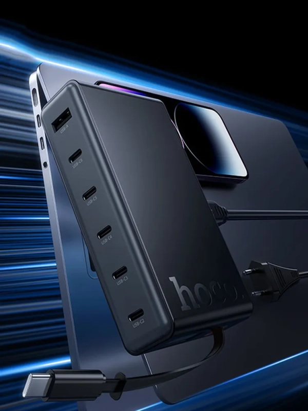 Сетевое зарядное устройство на 6 портов с кабелем рулеткой