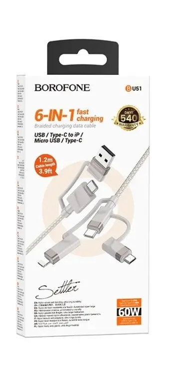 Кабель для зарядки 6 в 1 USB / Type-C to Lightning 27W / Type-C to Type-C 60W/ Type-C to Micro 2A 1.2м в нейлоновой оплетке серый