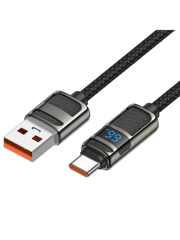 Кабель для быстрой зарядки, HOCO, 5A, 66W, Type-C- USB с дисплеем, черный, 1.2м