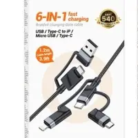 Кабель для зарядки 6 в 1 USB / Type-C to Lightning 27W / Type-C to Type-C 60W/ Type-C to Micro 2A 1.2м в нейлоновой оплетке черный