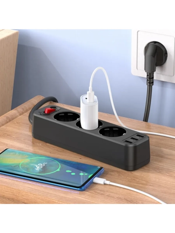 Сетевой фильтр Hoco NS2 Black 3 гнезда плюс 3USB