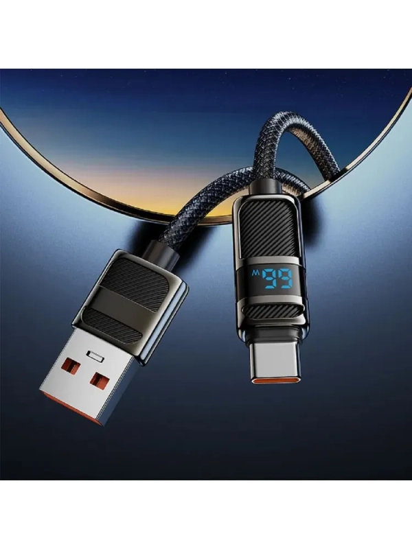 Кабель для быстрой зарядки, HOCO, 5A, 66W, Type-C- USB с дисплеем, черный, 1.2м