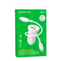 Зарядное устройство автомобильное USB + кабель Type-C - Type-C (PD20W+QC3.0, 3000mA) BOROFONE BZ18A