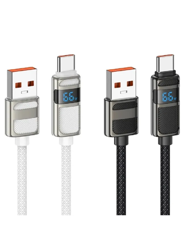 Кабель для быстрой зарядки, HOCO, 5A, 66W, Type-C- USB с дисплеем, черный, 1.2м