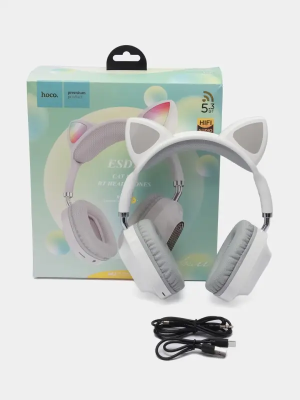 Наушники беспроводные полноразмерные светящиеся с ушками Hoco ESD13, белые