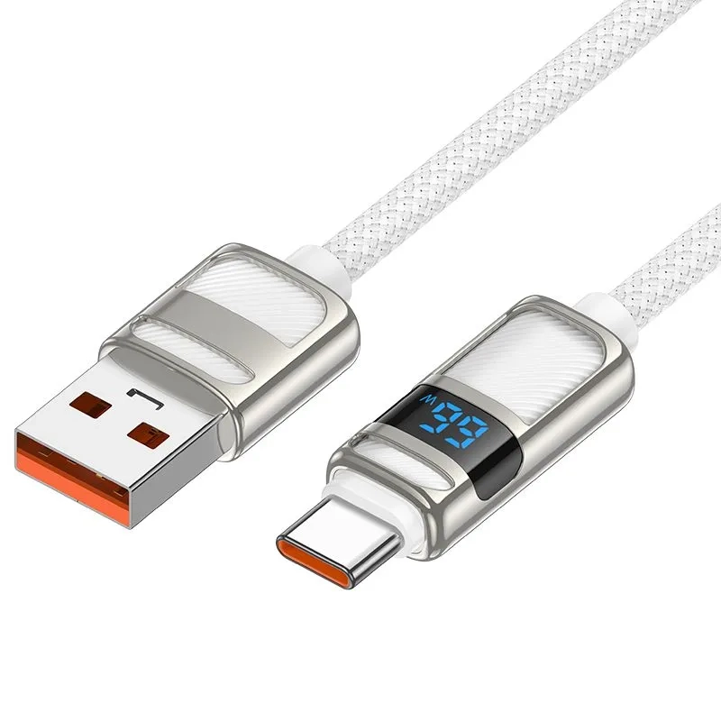 Кабель для быстрой зарядки, HOCO, 5A, 66W, Type-C- USB с дисплеем, белый, 1.2м