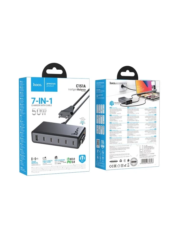 Сетевое зарядное устройство на 6 портов с кабелем рулеткой