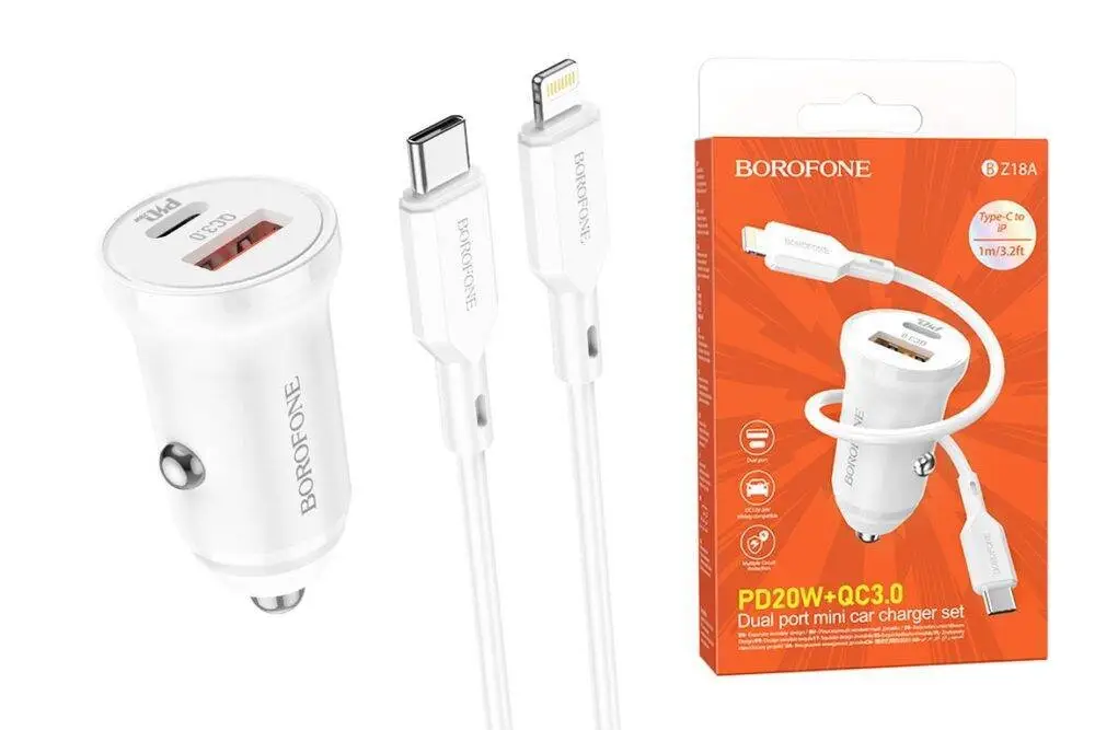 Автомобильное зарядное устройство АЗУ USB + Type-С + кабель Lightning Borofone BZ18A PD20W + QC3.0