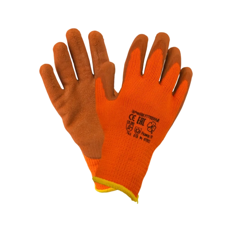 Перчатки трикотажные с  рифлёным латексным покрытием утеплённые ICE оранжевые