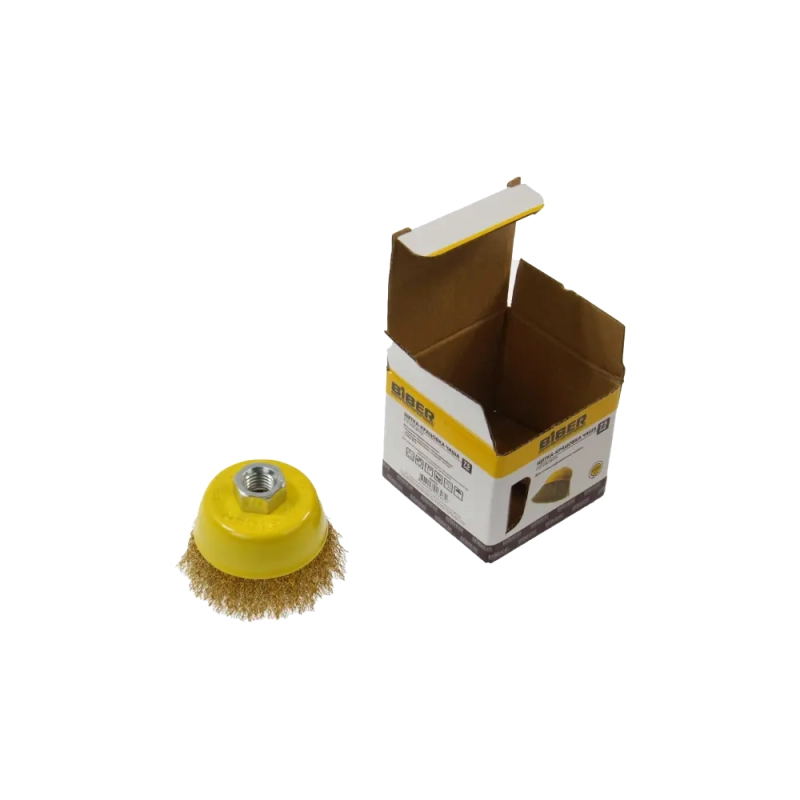 Кордщетка-чашка, гайка М14, стальная латунированная волнистая проволока 75 мм, Biber 70970